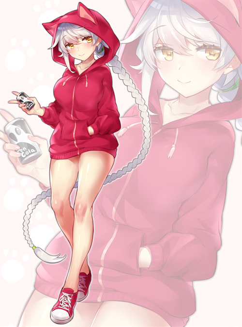 1girl animal_ears animal_hood asymmetrical_hair bangs blush braid breasts can cat_ears collarbone eyebrows_visible_through_hair hair_between_eyes hand_in_pocket hips hood hoodie jacket jitome kantai_collection large_breasts legs long_hair looking_at_viewer red_footwear red_jacket shoes silver_hair single_braid smile sneakers soda_can solo swept_bangs thighs unryuu_(kantai_collection) very_long_hair wavy_hair yamaarashi yellow_eyes