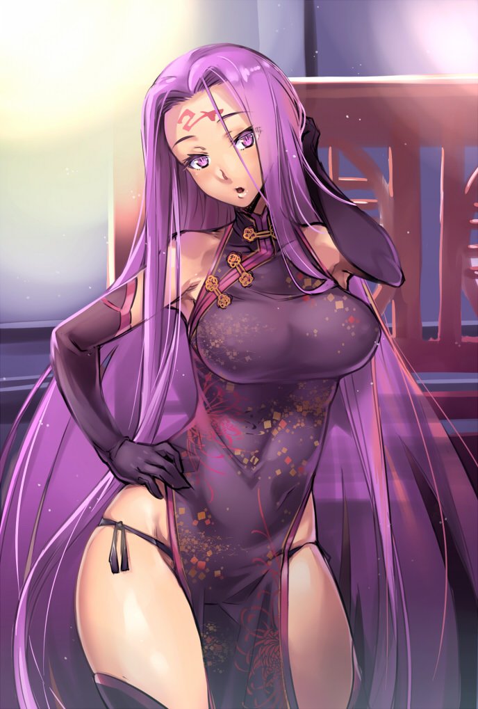 1girl blush boots breasts china_dress chinese_clothes dress elbow_gloves facial_mark fate/stay_night fate_(series) forehead_mark gloves hijiri large_breasts long_hair looking_at_viewer pelvic_curtain purple_hair rider side_slit sleeveless solo thigh-highs thigh_boots very_long_hair
