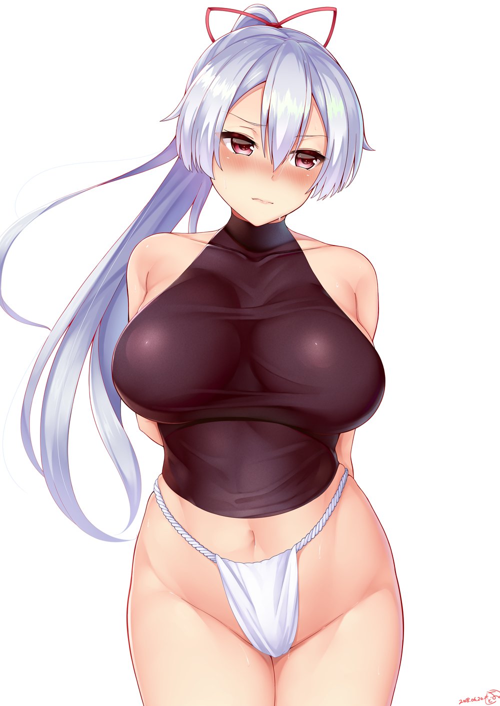 1girl blush breasts fate/grand_order fate_(series) fundoshi hair_ribbon highres japanese_clothes large_breasts long_hair midriff navel ponytail red_eyes ribbon silver_hair skin_tight sleeveless tomoe_gozen_(fate/grand_order) tomojo