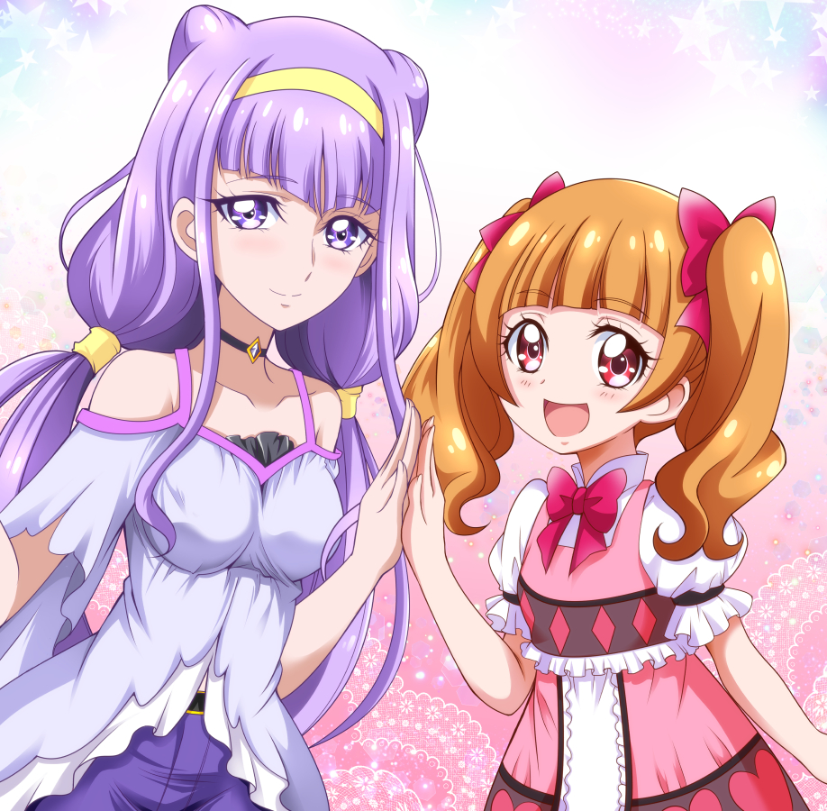 2girls :d aisaki_emiru bangs blunt_bangs blush bow brown_hair chibi collarbone eyebrows_visible_through_hair grey_shirt hair_bow hanzou hugtto!_precure long_hair multiple_girls open_mouth pants precure purple_hair purple_pants red_bow red_eyes red_neckwear ruru_amour shirt short_sleeves smile standing twintails very_long_hair violet_eyes yellow_hairband