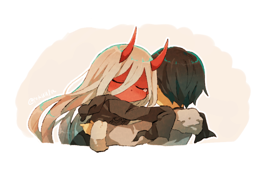 1boy 1girl black_cloak black_hair cloak closed_eyes coat commentary_request couple darling_in_the_franxx fur_trim grey_coat hetero hiro_(darling_in_the_franxx) hood hooded_cloak horns hug long_hair oni_horns parka pink_hair red_horns red_skin signature silver_hair tears tokuura winter_clothes winter_coat younger zero_two_(darling_in_the_franxx)