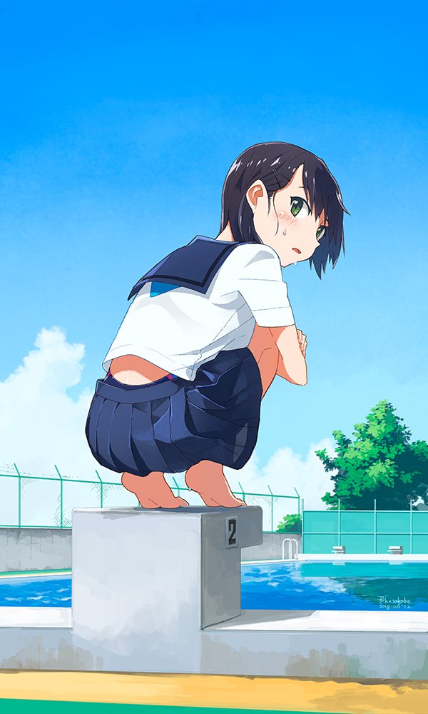 1girl black_hair clouds day from_behind green_eyes hair_ornament hairclip kusakabe_(kusakabeworks) leg_hug looking_at_viewer looking_back original pleated_skirt pool school_uniform see-through serafuku short_sleeves skirt sky squatting swimsuit swimsuit_under_clothes water