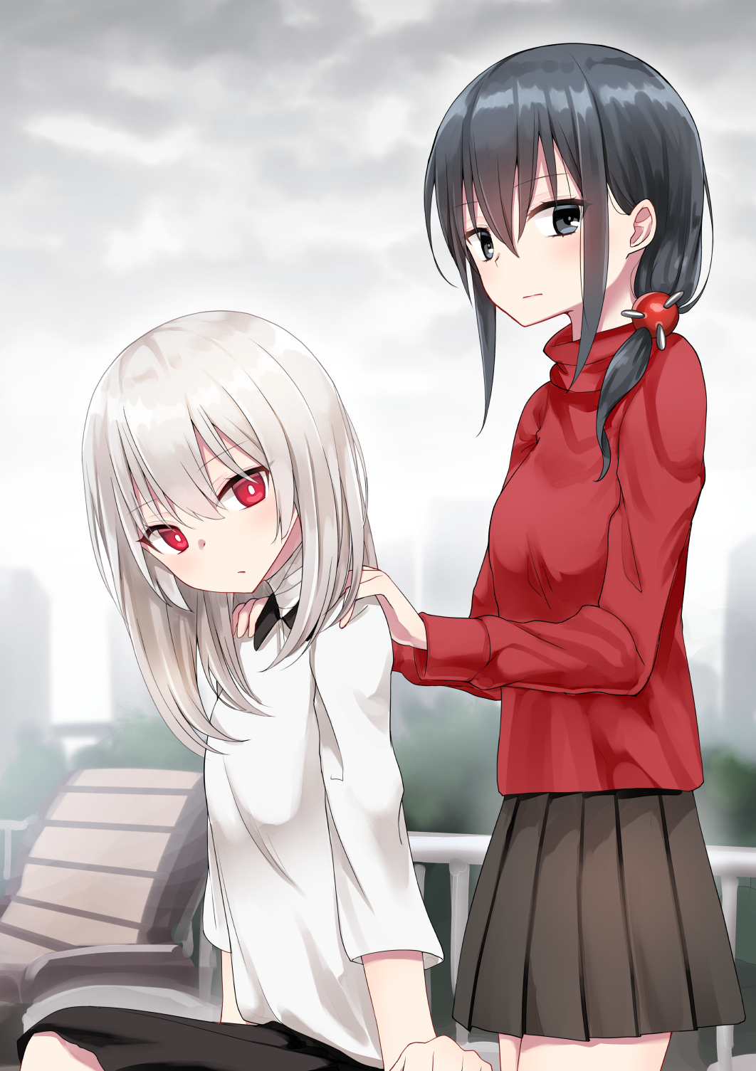 2girls bandaged_neck bench black_eyes black_hair black_skirt breasts commentary_request expressionless hair_bead hair_between_eyes hands_on_another's_shoulders highres long_hair looking_at_viewer multiple_girls original piripun pleated_skirt red_eyes sitting skirt white_hair