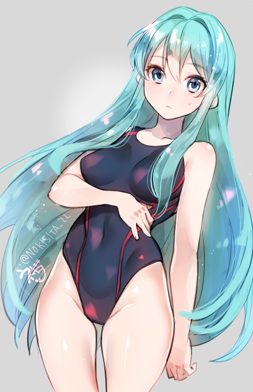 1girl aqua_hair blue_eyes blue_hair eirika fire_emblem fire_emblem:_seima_no_kouseki fire_emblem_heroes long_hair looking_at_viewer negiwo one-piece_swimsuit simple_background solo swimsuit white_background