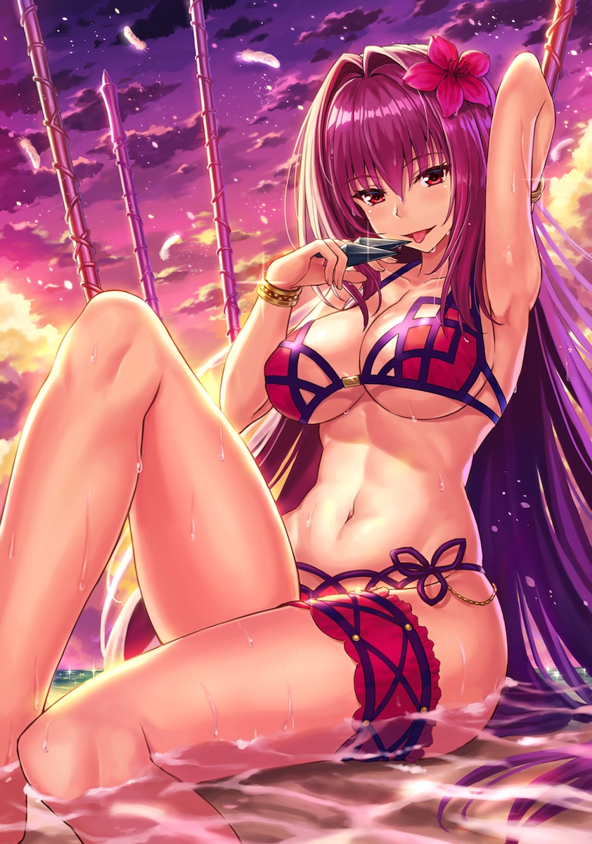 1girl armpits bare_shoulders beach bikini bracelet breasts cleavage collarbone evening fate/grand_order fate_(series) feathers flower gae_bolg hair_between_eyes hair_flower hair_intakes hair_ornament hibiscus highres holding holding_weapon jewelry kunai large_breasts leg_garter looking_at_viewer midriff navel npcpepper open_mouth partially_submerged pink_bikini purple_bikini purple_hair red_eyes scathach_(fate/grand_order) scathach_(swimsuit_assassin)_(fate) sitting swimsuit thigh_strap thighs under_boob weapon