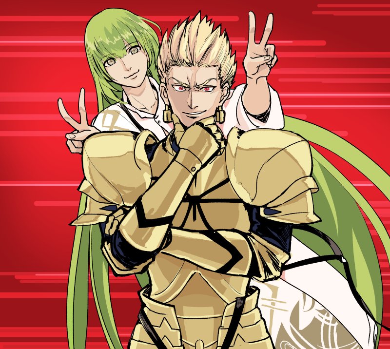 1boy 1other androgynous armor blonde_hair chin_grab closed_eyes collarbone commentary double_v earrings enkidu_(fate/strange_fake) eyebrows_visible_through_hair fate/grand_order fate/stay_night fate/strange_fake fate_(series) fingernails full_armor gilgamesh green_eyes green_hair grin hair_between_eyes jewelry long_hair male_focus motion_lines natsu_yasai red_background red_eyes robe shaded_face smile toga v very_long_hair white_robe