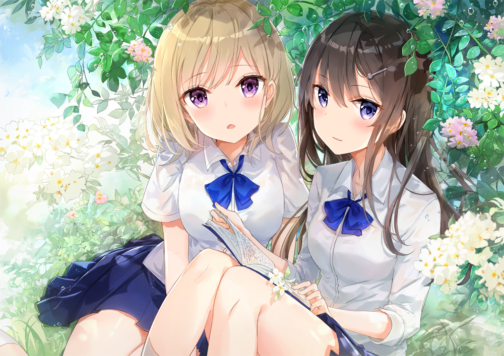 2girls bangs blonde_hair blue_eyes blue_neckwear blue_skirt blush book bow bowtie breasts brown_hair collared_shirt commentary_request day eyebrows_visible_through_hair flower flower_request fuumi_(radial_engine) hair_ornament hairclip knees_up long_hair looking_at_viewer medium_breasts multiple_girls open_book open_mouth original outdoors parted_lips pleated_skirt school_uniform shirt short_sleeves sitting skirt violet_eyes white_shirt wing_collar