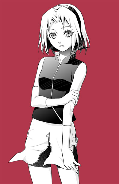 1girl bike_shorts cowboy_shot haruno_sakura headband limited_palette long_hair nanji3 naruto parted_lips red_background short_hair short_shorts shorts simple_background sleeveless_jacket solo standing