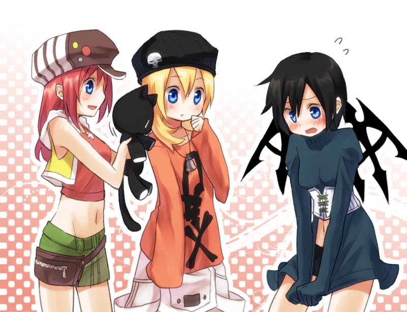 3girls :d alternate_costume bangs beanie bitou_raimu bitou_raimu_(cosplay) black_hair black_hat black_wings blonde_hair blue_eyes blush cabbie_hat corset cosplay cowboy_shot crop_top cross cross_necklace fanny_pack flying_sweatdrops fujiymn green_skirt groin hair_between_eyes hair_over_shoulder halftone halftone_background hand_up hat holding holding_stuffed_animal jewelry kairi_(kingdom_hearts) kingdom_hearts kingdom_hearts_358/2_days kingdom_hearts_ii long_hair long_sleeves miniskirt misaki_shiki misaki_shiki_(cosplay) motion_lines multiple_girls namine navel necklace open_clothes open_mouth open_vest redhead short_hair sideways_mouth skirt skull sleeves_past_fingers smile stuffed_animal stuffed_cat stuffed_toy subarashiki_kono_sekai vest wings xion_(kingdom_hearts) yashiro_uzuki yashiro_uzuki_(cosplay) yellow_vest zipper zipper_pull_tab