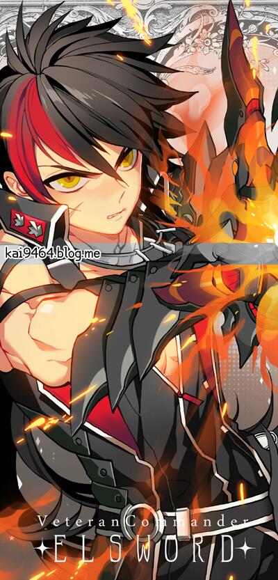 black_hair elsword fire long_hair mechanical_arm pika_(kai9464) raven_(elsword) scar tagme veteran_commander_(elsword) weapon