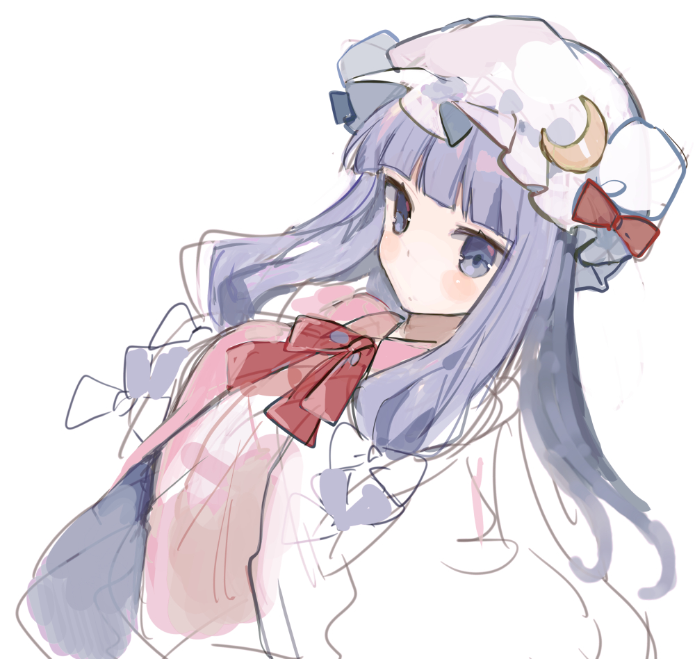 1girl bangs blunt_bangs blush bow closed_mouth crescent crescent_moon_pin dress hat hat_bow hat_pin ikeuchi_tanuma long_hair looking_at_viewer neck_ribbon patchouli_knowledge pillow_hat purple_hair red_bow red_neckwear red_ribbon ribbon simple_background sketch solo touhou violet_eyes white_background white_hat