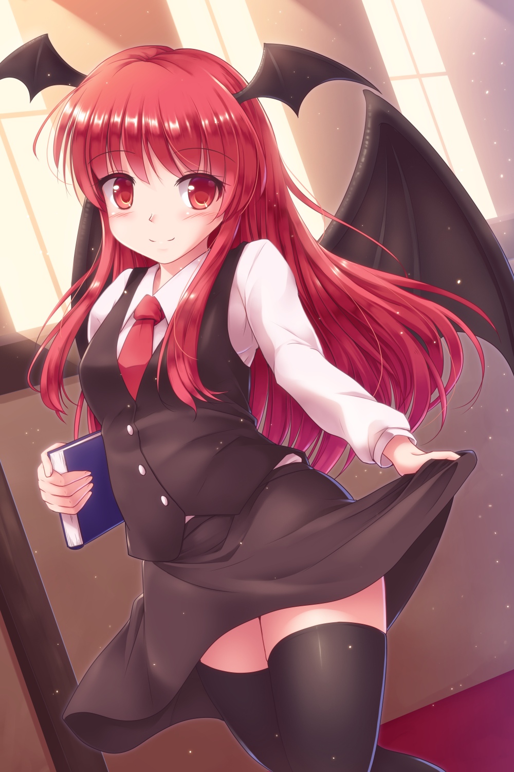 1girl bat_wings black_legwear black_skirt black_vest blush book commentary_request dust_particles dutch_angle eyebrows_visible_through_hair head_wings highres indoors koakuma long_hair long_sleeves looking_at_viewer lzh necktie red_eyes red_neckwear redhead shirt skirt skirt_hold skirt_set smile solo thigh-highs touhou vest white_shirt wings zettai_ryouiki