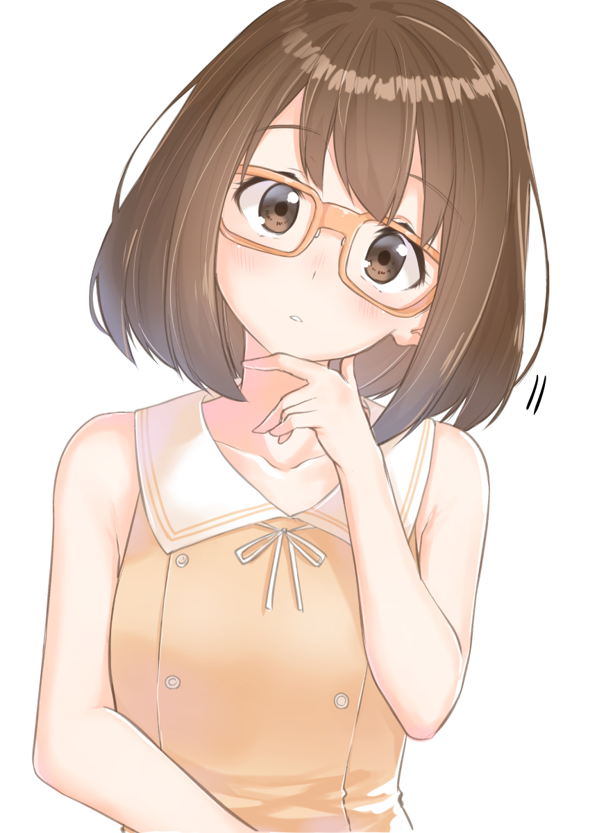 1girl :o bare_arms bare_shoulders breasts brown_hair commentary_request dress eyebrows_visible_through_hair glasses hand_up head_tilt highres looking_at_viewer orange-framed_eyewear original sailor_collar sailor_dress short_hair simple_background solo suzunari_shizuku white_background white_sailor_collar yellow_dress yuki_arare