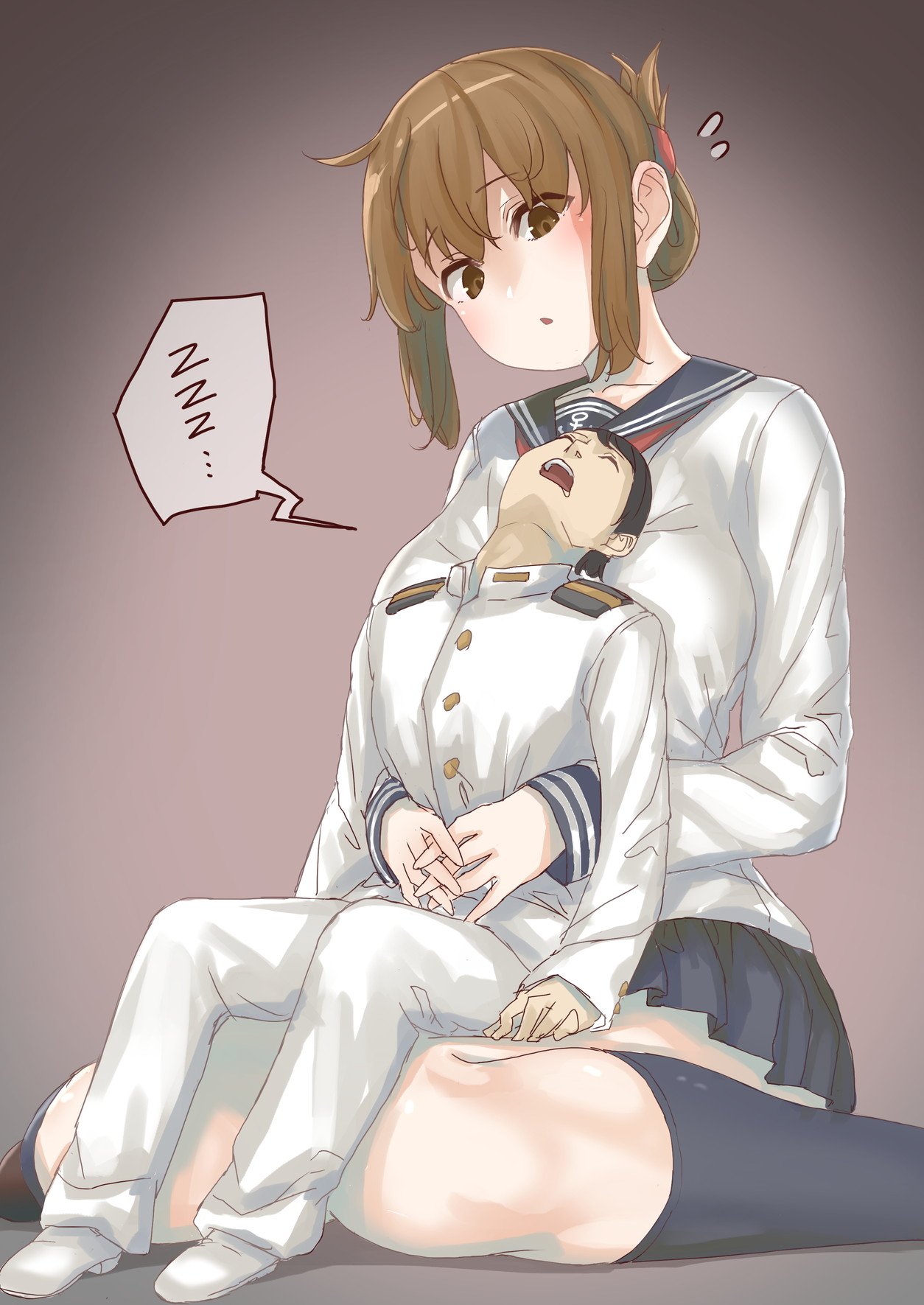 1boy 1girl admiral_(kantai_collection) alternate_breast_size black_legwear blush breasts brown_eyes brown_hair collarbone folded_ponytail giantess gradient gradient_background grey_background height_difference highres holding_person hug hug_from_behind inazuma_(kantai_collection) jacket kantai_collection kneeling large_breasts military military_uniform naval_uniform older open_mouth pants pleated_skirt school_uniform serafuku sidelocks sitting sitting_on_lap sitting_on_person size_difference skirt socks uniform uru_(uru0000) wariza white_jacket white_legwear white_pants