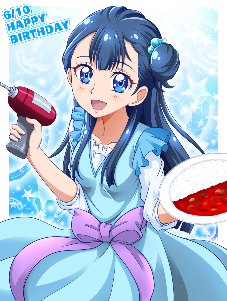 1girl :d bangs blue_dress blue_eyes blue_hair blush bow collarbone dress floating_hair food hair_bun hair_ornament hanzou happy_birthday highres holding hugtto!_precure long_hair open_mouth pinafore_dress precure purple_bow shiny shiny_hair shirt sleeveless sleeveless_dress smile solo standing very_long_hair white_shirt yakushiji_saaya