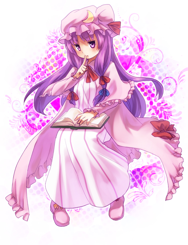 1girl bangs blue_ribbon book bow capelet crescent dress eyebrows_visible_through_hair finger_to_mouth frilled_capelet frills fujiymn full_body hair_ribbon hat hat_ornament index_finger_raised long_hair long_sleeves looking_at_viewer mob_cap open_book patchouli_knowledge pink_capelet pink_dress pink_footwear pink_hat purple_hair red_bow red_ribbon ribbon shoes sitting solo straight_hair striped touhou tress_ribbon vertical-striped_dress vertical_stripes very_long_hair violet_eyes
