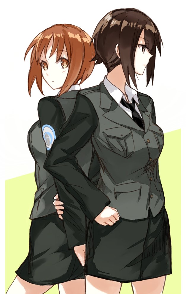 2girls alternate_costume arm_grab back-to-back black_neckwear breasts brown_eyes brown_hair eyebrows_visible_through_hair girls_und_panzer looking_at_viewer medium_breasts multiple_girls necktie nishizumi_maho nishizumi_miho short_hair siblings skirt vest yuuyu_(777)