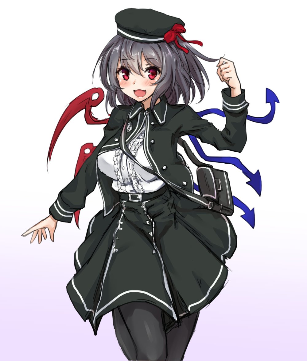 1girl :3 :d alternate_costume amagi_(amagi626) arm_up asymmetrical_wings bag belt beret black_hair black_hat black_jacket black_legwear black_skirt blue_wings blush breasts casual clenched_hand collared_jacket commentary_request contemporary cowboy_shot eyebrows_visible_through_hair frilled_shirt frills gradient gradient_background hair_between_eyes hat hat_ribbon houjuu_nue jacket large_breasts long_sleeves looking_at_viewer one_leg_raised open_mouth pantyhose purple_background red_eyes red_ribbon red_wings ribbon satchel shirt short_hair skirt smile solo standing standing_on_one_leg touhou white_shirt wings