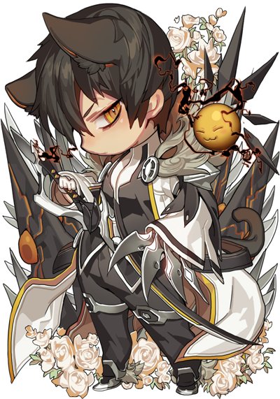 black_hair blade_master_(elsword) chibi electricity elsword flower mechanical_arm pika_(kai9464) raven_(elsword) spikes tagme