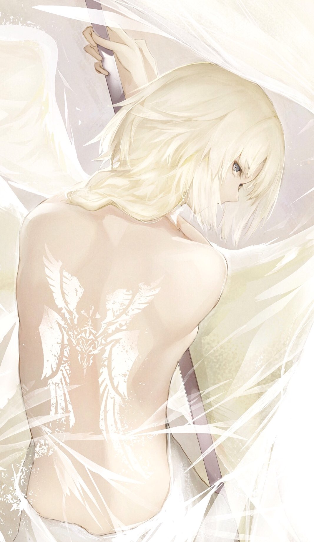 1girl back backless_outfit blonde_hair blue_eyes command_spell commentary eyebrows_visible_through_hair fate/apocrypha fate/grand_order fate_(series) from_behind highres jeanne_d'arc_(fate) jeanne_d'arc_(fate)_(all) long_hair looking_back marumoru standard_bearer tattoo