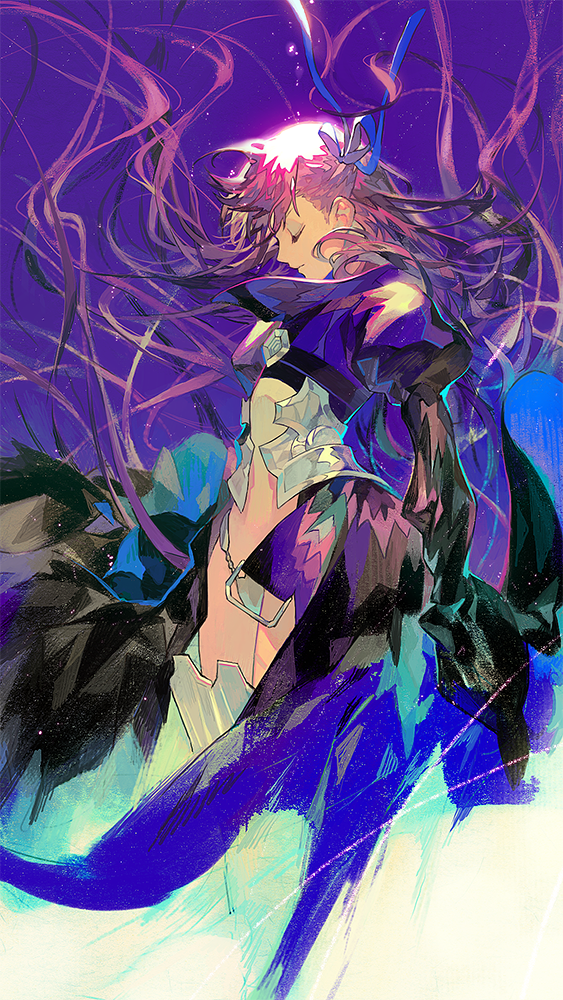 1girl closed_eyes fate/extra fate/extra_ccc fate_(series) hair_ribbon juliet_sleeves long_coat long_hair long_sleeves meltlilith profile puffy_sleeves purple_background purple_hair qiqu ribbon sleeves_past_wrists underwater very_long_hair