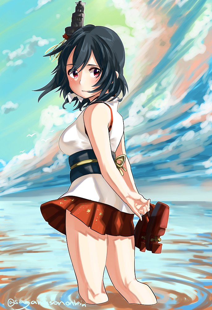 1girl bare_shoulders black_hair blush breasts clouds commentary hair_ornament hair_ribbon holding holding_shoes japanese_clothes kantai_collection kimono looking_at_viewer looking_back medium_breasts medium_hair nontraditional_miko obi ocean outdoors parted_lips pleated_skirt red_eyes red_skirt ribbon ripples sagamiso sash shoes shoes_removed skirt sky sleeveless soaking_feet solo standing twitter_username water white_kimono white_ribbon yamashiro_(kantai_collection)