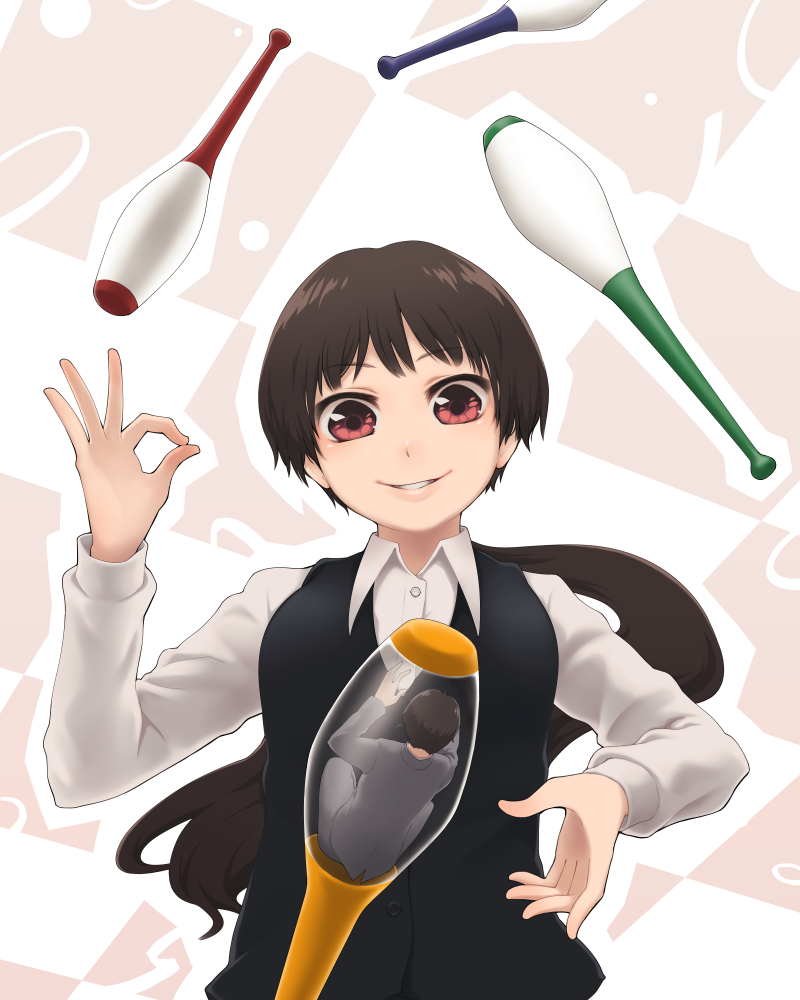 1boy 1girl black_vest breasts collared_shirt commentary_request eyebrows_visible_through_hair hand_up juggling juggling_club long_hair long_sleeves ok_sign original otedama parted_lips ponytail red_eyes shirt smile solo_focus symbolism vest white_shirt wing_collar yajirushi_(chanoma)