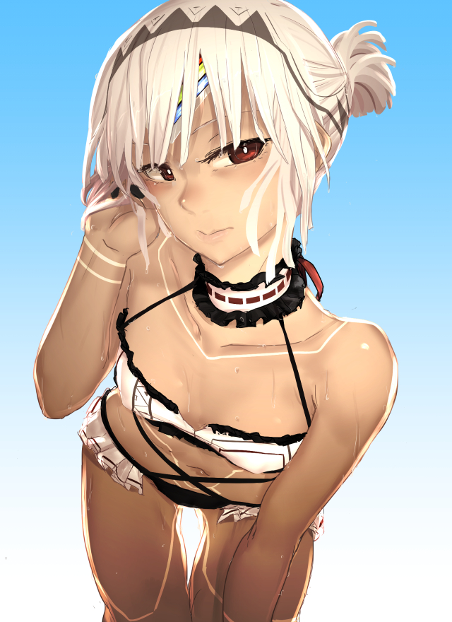 1girl altera_(fate) bikini black_nails dark_skin fate/grand_order fate_(series) i-pan nail_polish navel red_eyes smile solo swimsuit tattoo veil white_hair