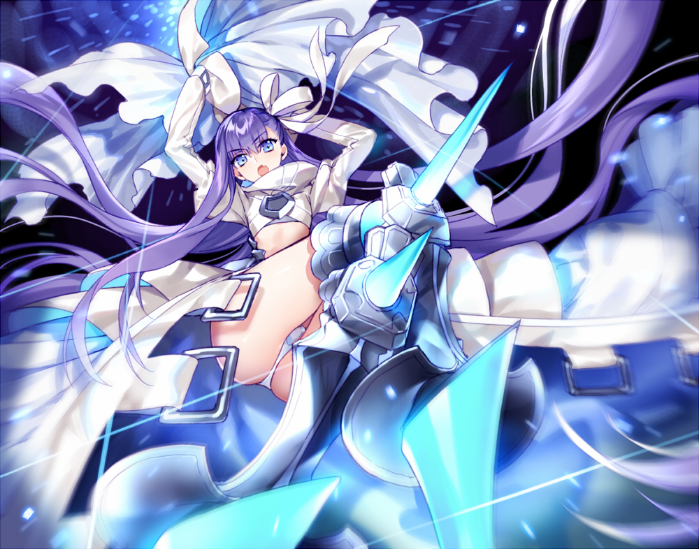 1girl blue_eyes fate/extra fate/extra_ccc fate/grand_order fate_(series) hair_ribbon kangetsu_(fhalei) mechanical_legs meltlilith open_mouth panties purple_hair ribbon sleeves_past_wrists solo spikes underwear white_ribbon