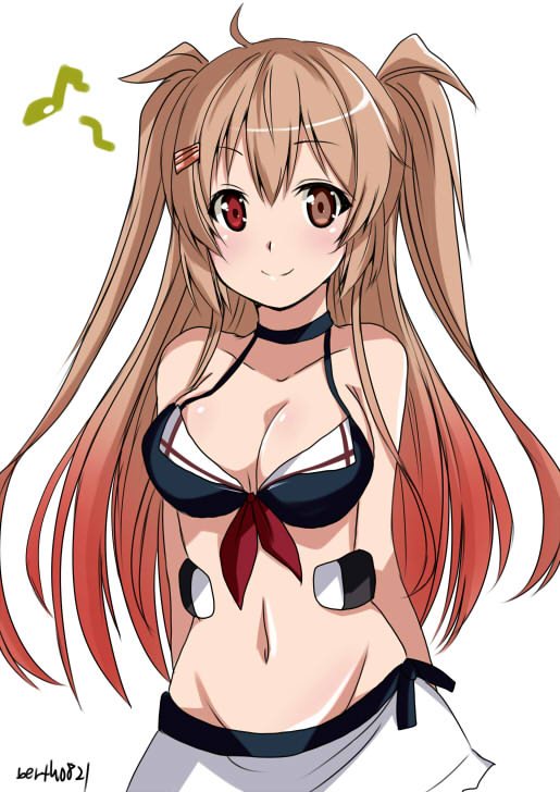 1girl bikini blush breasts brown_eyes brown_hair closed_mouth eyebrows_visible_through_hair hinase_(jet_hearts) kantai_collection long_hair looking_at_viewer medium_breasts multicolored multicolored_eyes multicolored_hair murasame_(kantai_collection) red_eyes redhead simple_background smile solo swimsuit twintails twitter_username white_background