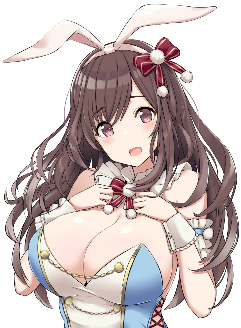 1girl animal_ears arm_garter bangs bare_shoulders blush bow breasts brown_eyes brown_hair buttons chains cleavage cross-laced_clothes detached_collar eyebrows_visible_through_hair hair_bow hairband idolmaster idolmaster_shiny_colors large_breasts long_hair looking_at_viewer mitsukazu_(nijigen_complex) open_mouth rabbit_ears red_bow simple_background smile solo tsukioka_kogane white_background wrist_cuffs