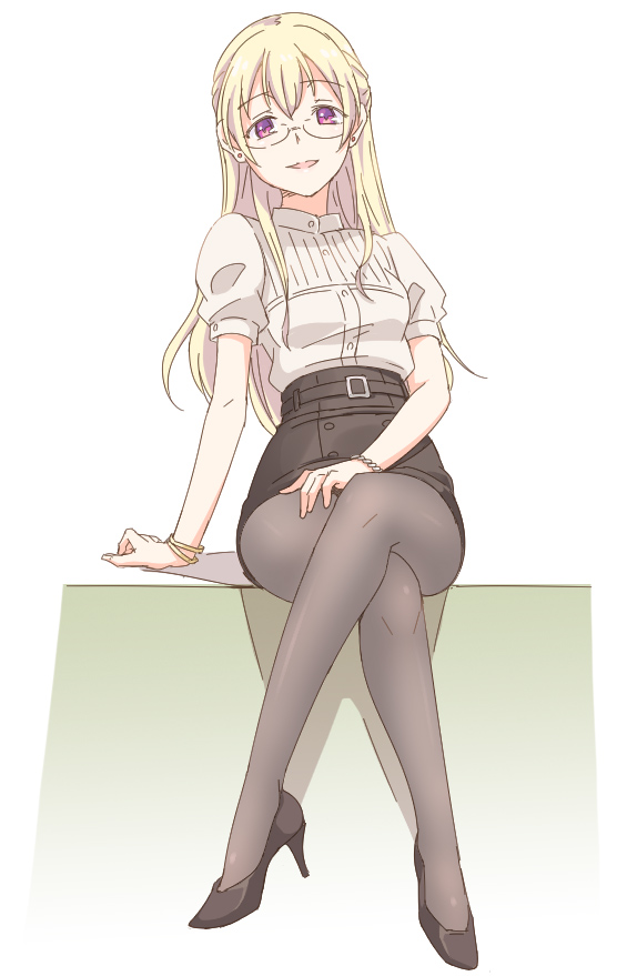 1girl bang_dream! bangs belt black_footwear black_legwear black_skirt blonde_hair bracelet e20 earrings glasses hand_on_lap high_heels jewelry legs_crossed long_hair open_mouth pantyhose shirasagi_chisato shirt short_sleeves sitting skirt smile solo violet_eyes white_shirt