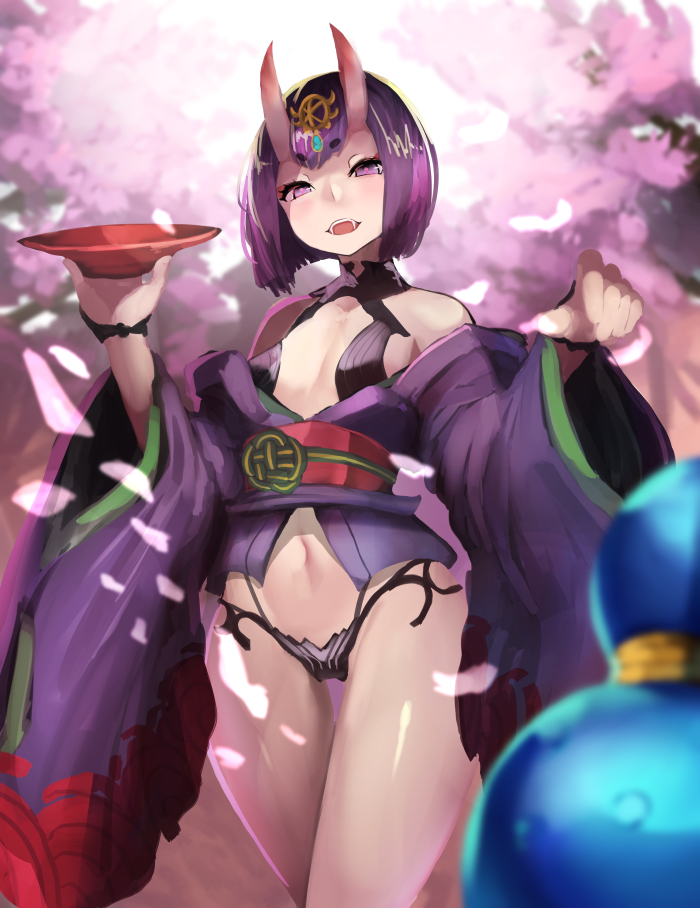1girl breasts cherry_blossoms cowboy_shot cup eyebrows_visible_through_hair eyeshadow fangs fate/grand_order fate_(series) gourd groin headpiece holding horns japanese_clothes kimono legs_crossed long_sleeves looking_at_viewer makeup navel obi oni oni_horns open_clothes open_kimono petals pink_pupils purple_hair purple_kimono sakazuki sash short_hair shuten_douji_(fate/grand_order) small_breasts solo standing straight_hair teeth thigh_gap thighs ton_(artist) violet_eyes watson_cross wide_sleeves