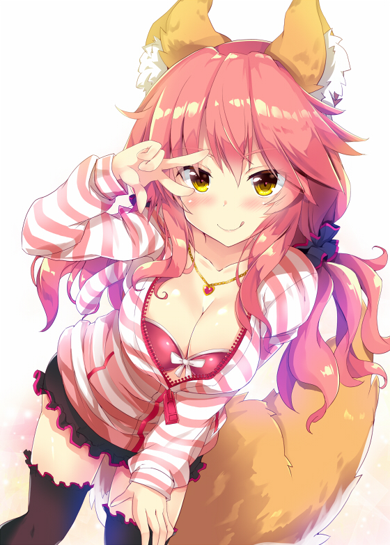 1girl :q animal_ears black_legwear breasts casual cleavage fate/extra fate_(series) fox_ears fox_tail hair_ornament hair_scrunchie large_breasts leaning_forward looking_at_viewer maruchan. partially_unzipped pink_hair scrunchie short_shorts shorts simple_background smile solo standing striped striped_jacket tail tamamo_(fate)_(all) thigh-highs tongue tongue_out v v_over_eye white_background yellow_eyes