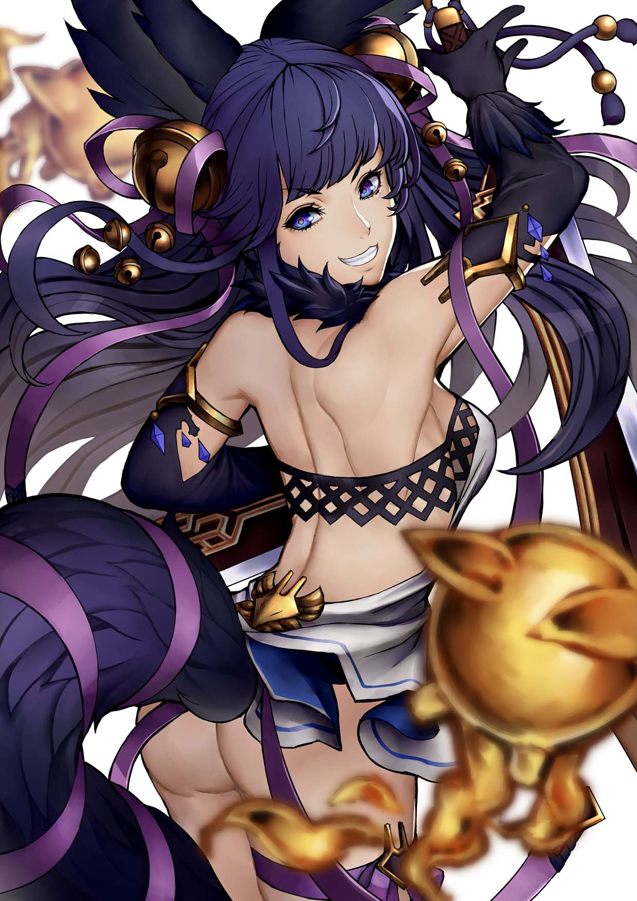 :d animal_ears ass backless_outfit bangs bell black_gloves blue_eyes blunt_bangs blurry blurry_foreground commentary_request cowboy_shot depth_of_field dress elbow_gloves erune eyebrows_visible_through_hair floating_hair from_behind gloves granblue_fantasy hair_bell hair_ornament highres jingle_bell legband long_hair looking_at_viewer looking_back multicolored multicolored_eyes open-back_dress open_mouth purple_hair shimashima_(simasima_23) simple_background smile standing tail violet_eyes white_background white_dress yuel_(granblue_fantasy)