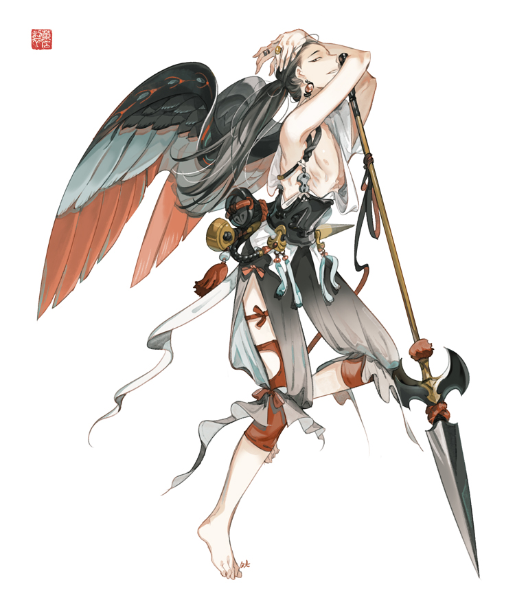 1boy abs arms_up bird_wings black_hair brown_eyes earrings fantasy full_body jewelry long_hair male_focus original planted_weapon polearm ponytail ring side_glance simple_background spear standing standing_on_one_leg weapon white_background wings zzinp