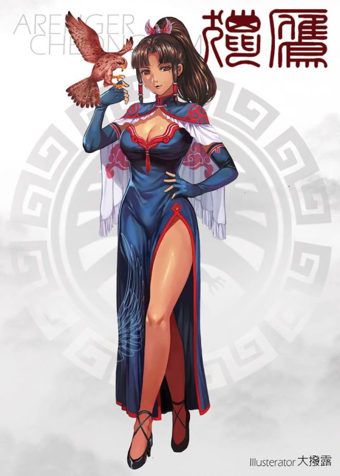 1girl avengers:_infinity_war bird brown_eyes brown_hair capelet china_dress chinese_clothes dress falcon genderswap genderswap_(mtf) hair_ornament marvel mole mole_under_eye namesake ponytail solo tan the_falcon