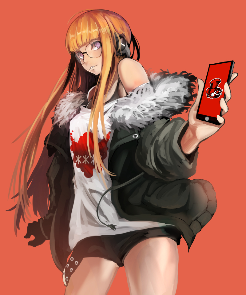 1girl bangs bare_shoulders black_shorts blunt_bangs cellphone cowboy_shot fur_collar glasses green_jacket headphones holding holding_phone jacket legs_apart long_hair long_sleeves orange_hair parted_lips persona persona_5 phone red_background round_eyewear sakura_futaba shirt shorts smartphone solo standing straight_hair ton_(artist) very_long_hair violet_eyes white_shirt