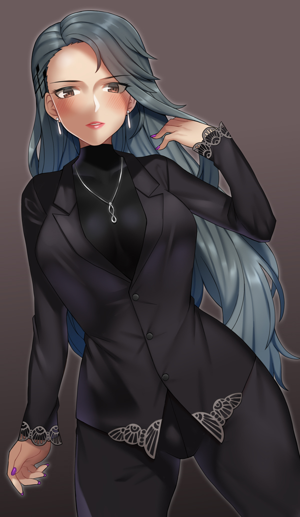 1girl blush breasts brown_eyes earrings formal grey_hair jewelry large_breasts long_hair looking_at_viewer nail_polish niijima_sae nt00 parted_lips persona persona_5 purple_nails simple_background suit thigh_gap