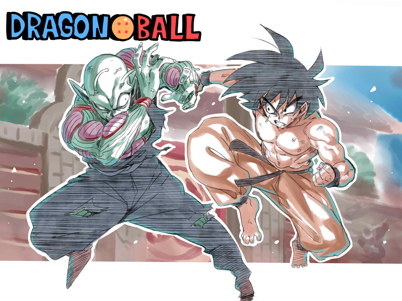 2boys abs antennae areolae barefoot battle black_hair chest clenched_hand clenched_teeth copyright_name dougi dragon_ball eyebrows_visible_through_hair full_body green_skin hands_up looking_at_another medium_hair multicolored multicolored_skin multiple_boys muscle piccolo pointy_ears purple_skin shirtless son_gokuu sweat teeth toes torn_clothes tsuki_wani v-shaped_eyebrows v-shaped_eyes