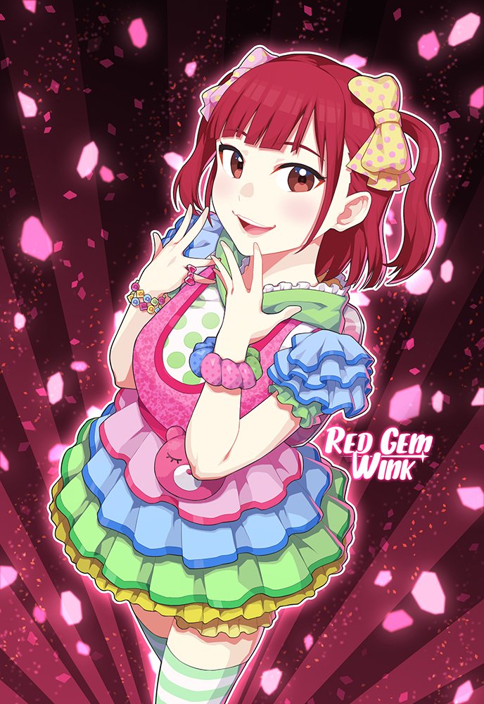 1girl bangs bow bracelet brown_eyes chu_kai_man commentary_request dress frilled_dress frilled_sleeves frills furihata_ai hair_bow hands_up jewelry kurosawa_ruby love_live! love_live!_sunshine!! medium_hair multicolored multicolored_clothes multicolored_dress multicolored_scrunchie open_mouth petals pink_background pink_bow pinky_ring polka_dot polka_dot_bow redhead round_teeth scrunchie seiyuu seiyuu_connection smile solo striped striped_legwear sunburst teeth thigh-highs two_side_up upper_teeth wrist_scrunchie yellow_bow