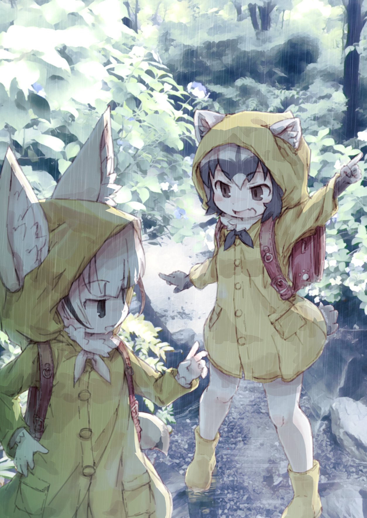 2girls alternate_costume animal_ears backpack bag black_hair blonde_hair boots common_raccoon_(kemono_friends) ears_through_headwear elbow_gloves eyebrows_visible_through_hair fang fennec_(kemono_friends) fox_ears fur_collar fur_trim gloves grey_hair highres kemono_friends kolshica multicolored_hair multiple_girls neck_ribbon pointing raccoon_ears raccoon_tail rain raincoat ribbon rubber_boots short_hair tail