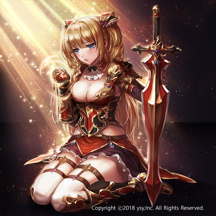 1girl 2018 armored_boots bangs black_bow black_gloves black_neckwear blonde_hair blue_eyes boots bow bowtie box_(hotpppink) breasts brown_skirt cleavage closed_mouth collarbone commentary_request company_name detached_collar elbow_gloves eyebrows_visible_through_hair fingerless_gloves full_body gauntlets gem gloves greaves hair_ornament holding holding_necklace holding_sword holding_weapon jewelry legs_together light_particles light_rays long_hair looking_down medium_breasts necklace official_art pauldrons pendant plackart red_footwear red_skirt revolve shiny shiny_hair sidelocks sitting skirt solo sparkle sword tears thigh-highs thigh_strap two_side_up wariza weapon white_legwear