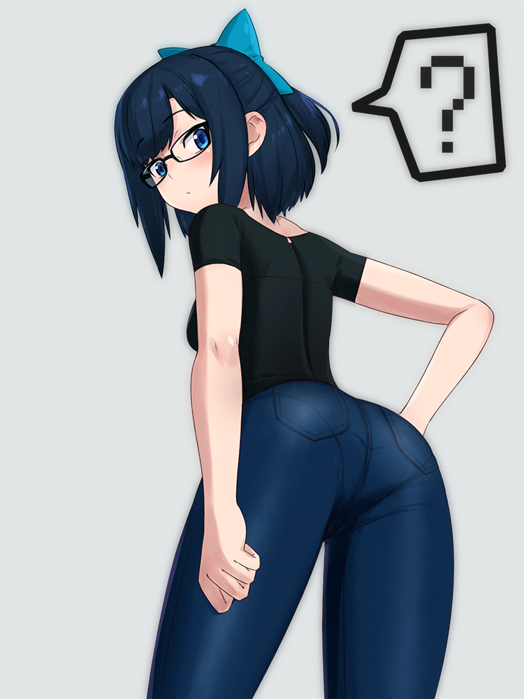 1girl ? ass bangs black_shirt blue_bow blue_eyes blush bow commentary denim from_behind glasses grey_background hair_bow iwahana jeans looking_at_viewer pants pantylines pocket shirt short_hair short_ponytail solo t-shirt tokino_sora_channel virtual_youtuber yuujin_a_(tokino_sora_channel)