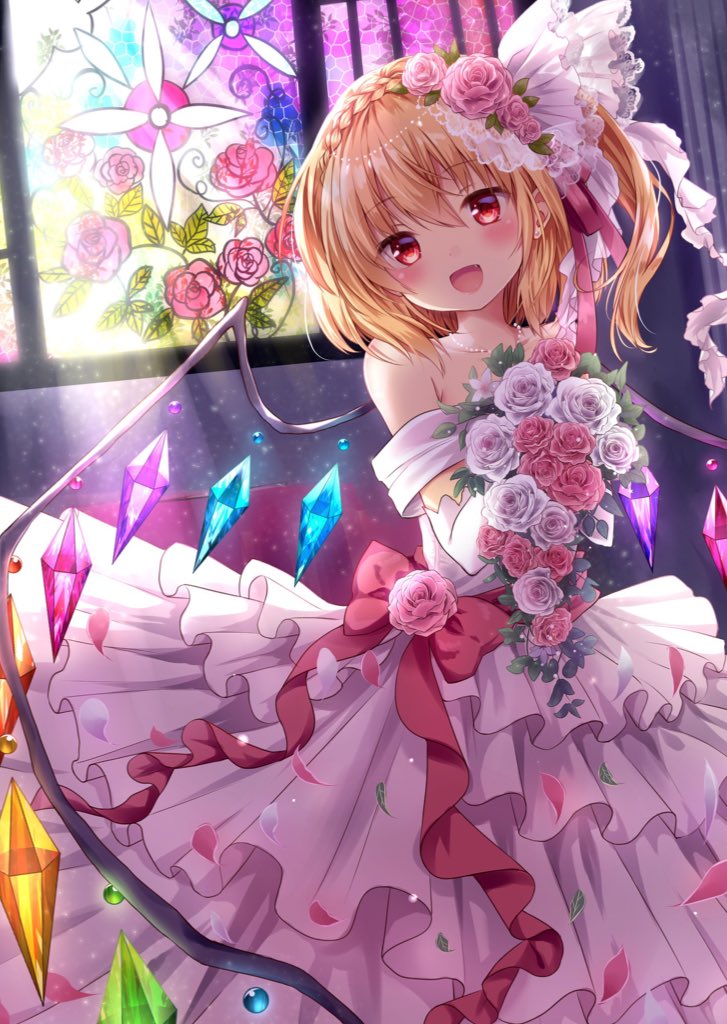 1girl :d bangs bare_shoulders blonde_hair blush bouquet bow braid cowboy_shot crown_braid crystal dress earrings elbow_gloves eyebrows_visible_through_hair fang flandre_scarlet flower gloves hair_between_eyes hair_flower hair_ornament head_tilt holding holding_bouquet indoors jewelry kure~pu light_rays looking_at_viewer necklace off-shoulder_dress off_shoulder one_side_up open_mouth pearl_necklace petals pink_flower pink_rose red_bow red_eyes rose short_hair smile solo stained_glass stud_earrings touhou veil wedding_dress white_flower white_gloves white_rose wings
