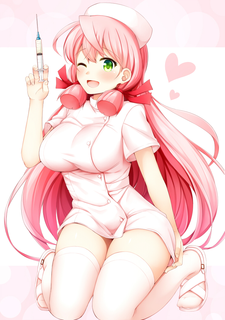 1girl akashi_(kantai_collection) breasts dress green_eyes hair_ribbon hat heart kantai_collection kneeling large_breasts long_hair long_sleeves looking_at_viewer nurse nurse_cap one_eye_closed open_mouth pink_dress pink_hair pink_legwear ribbon rui_shi_(rayze_ray) sandals short_dress short_sleeves smile solo syringe thigh-highs tress_ribbon twintails