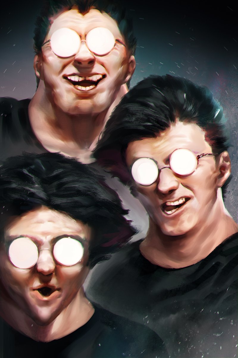 3boys bacius black_hair black_shirt covered_eyes glasses harry_james_potter harry_potter highres male_focus multiple_boys opaque_glasses parody round_eyewear shirt smile star starry_background sylvester_stallone teeth