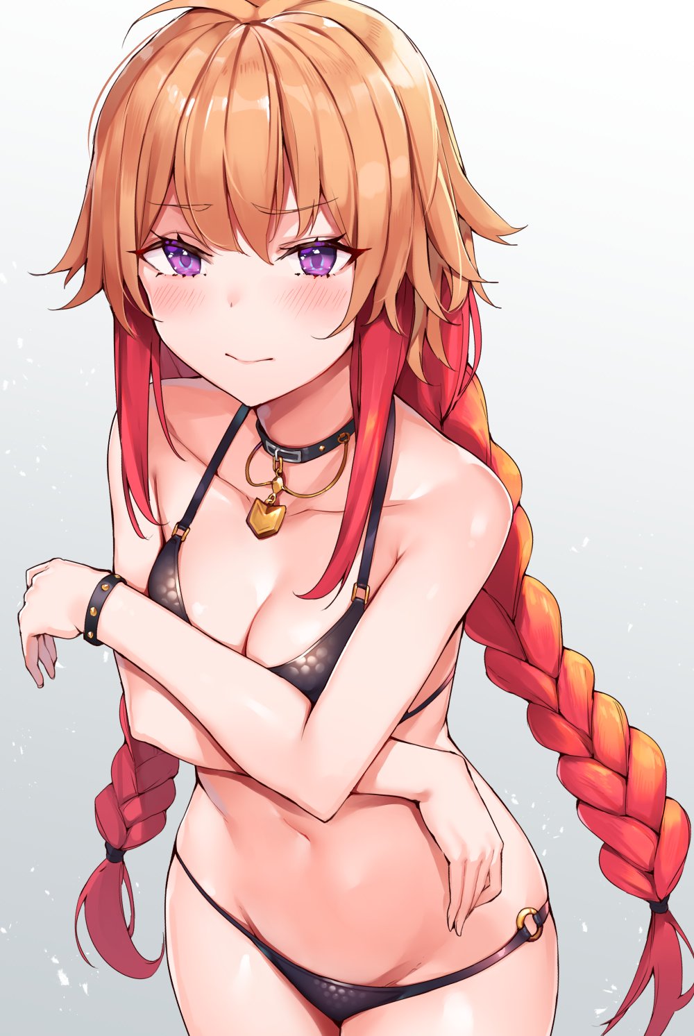 1girl bikini black_bikini blush braid breasts cleavage closed_mouth collar collarbone crossed_arms highres idolmaster idolmaster_cinderella_girls kaerunoko long_hair looking_at_viewer medium_breasts midriff multicolored_hair navel ninomiya_asuka o-ring_bikini orange_hair solo swimsuit thighs two-tone_hair violet_eyes