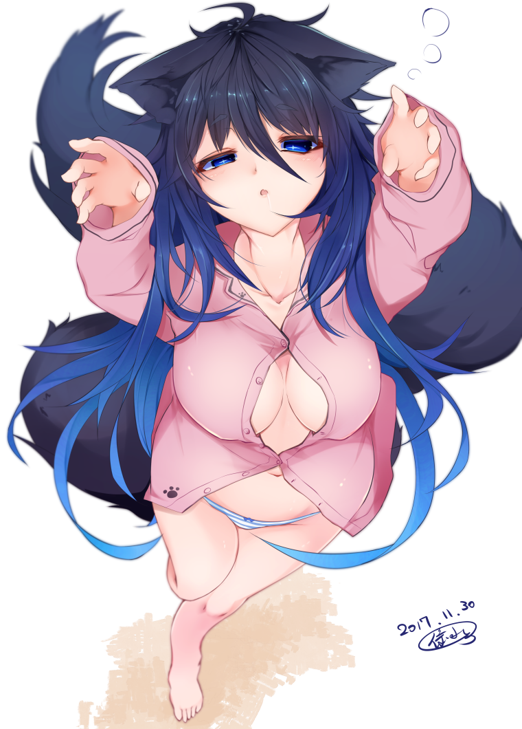 1girl animal_ears barefoot black_hair blue_eyes blue_hair breasts dated drooling foreshortening gradient_hair long_hair medium_breasts multicolored_hair no_pants open_clothes open_shirt original outstretched_arms pajamas panties paw_print pink_shirt reku_hisui shirt signature sleepy solo striped striped_panties tail underwear white_background wolf_ears wolf_tail zombie_pose