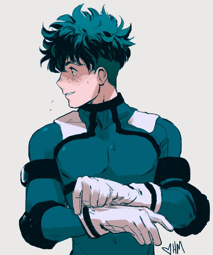 1boy alternate_hairstyle bodysuit boku_no_hero_academia gloves grey_background hamletmachine looking_to_the_side male_focus midoriya_izuku signature simple_background smile solo superhero undercut upper_body white_gloves